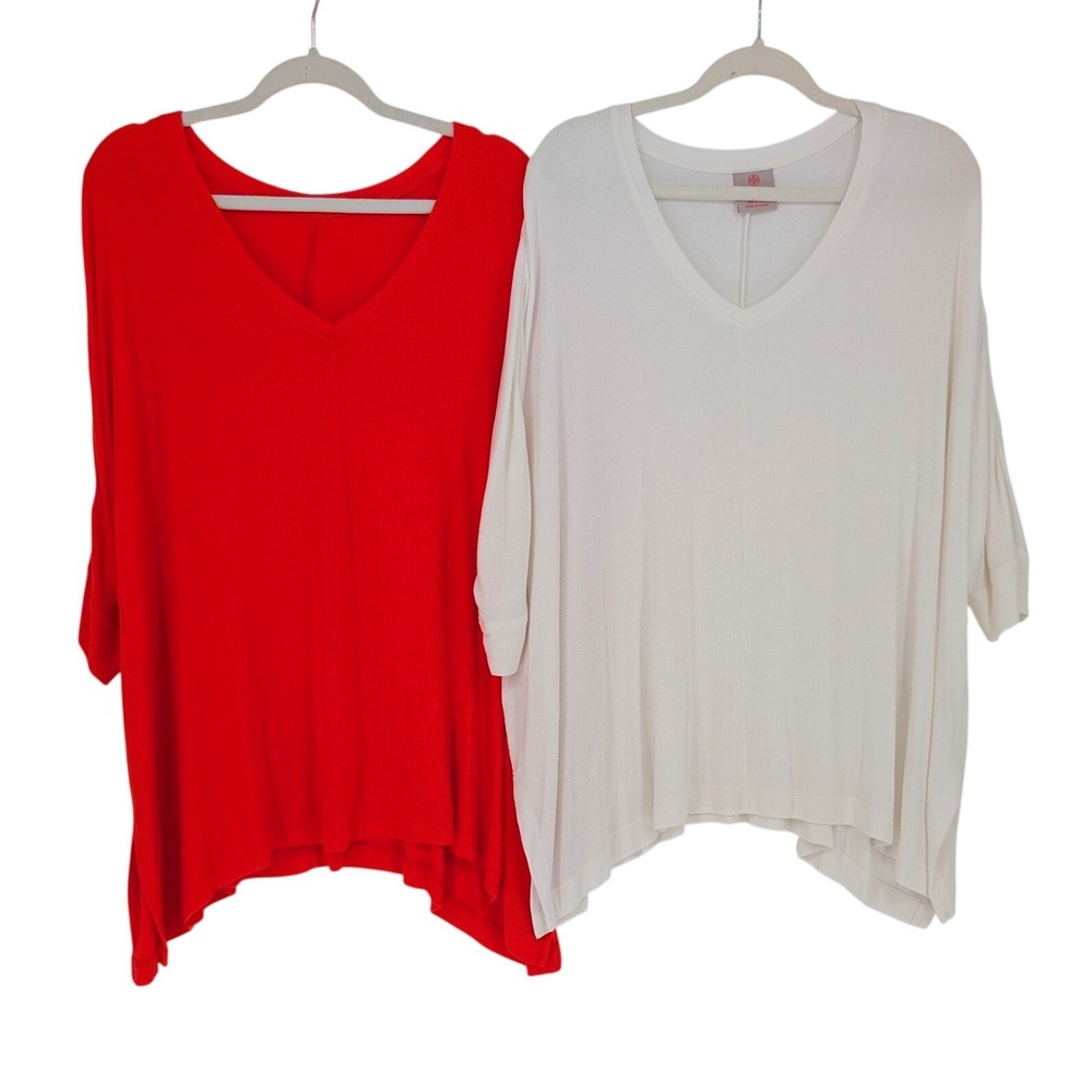 Laurie‎ Felt V-Neck Tunic Tops M/L Coral Red White Coastal Lagenlook Set of 2